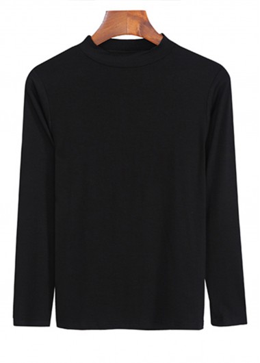 Black tops,Plain Color tops,Black Stand Collar Long Sleeve T Shirt
