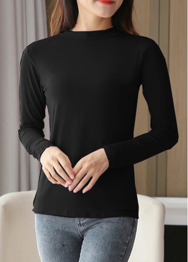 Black tops,Plain Color tops,Black Stand Collar Long Sleeve T Shirt