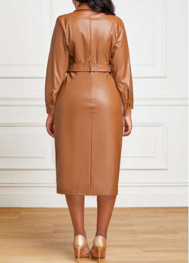 Light Coffee dresses,Plain Color dresses,ROTITA Light Coffee Faux Leather Snap Button Belted Dress