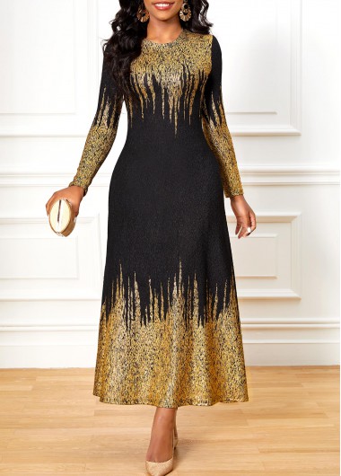 Black dresses,Ombre dresses,ROTITA Black Hot Stamping Round Neck Ombre Dress