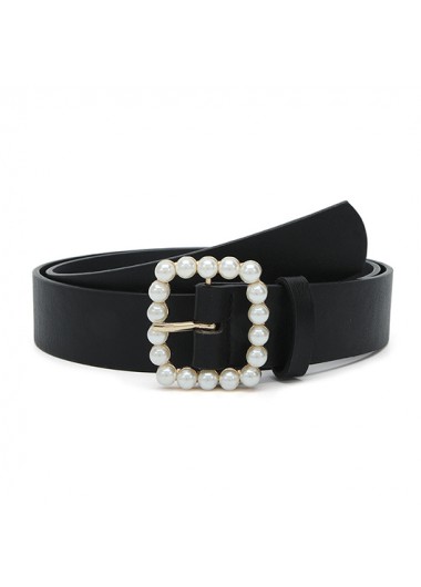 Black accessories,Plain Color accessories,Square Black Pearl Design Leather Belt