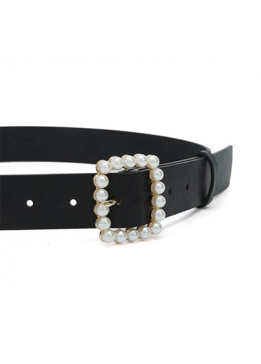 Black accessories,Plain Color accessories,Square Black Pearl Design Leather Belt