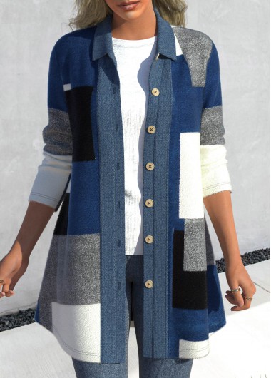 Denim Blue outerwear & coats,Geometric outerwear & coats,ROTITA Patchwork Geometric Print Denim Blue Shirt Collar Coat