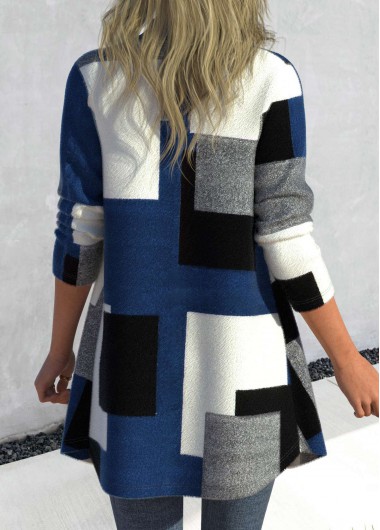 Denim Blue outerwear & coats,Geometric outerwear & coats,ROTITA Patchwork Geometric Print Denim Blue Shirt Collar Coat