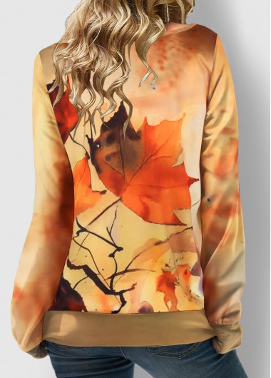 Ginger tops,Plants tops,Ombre tops,Zipper Leaf Print Ginger V Neck Sweatshirt