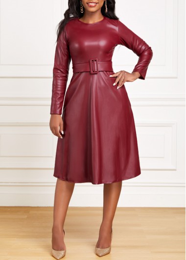 Wine Red dresses,Plain Color dresses,ROTITA Faux Leather Wine Red Belted Boat Neck Dress