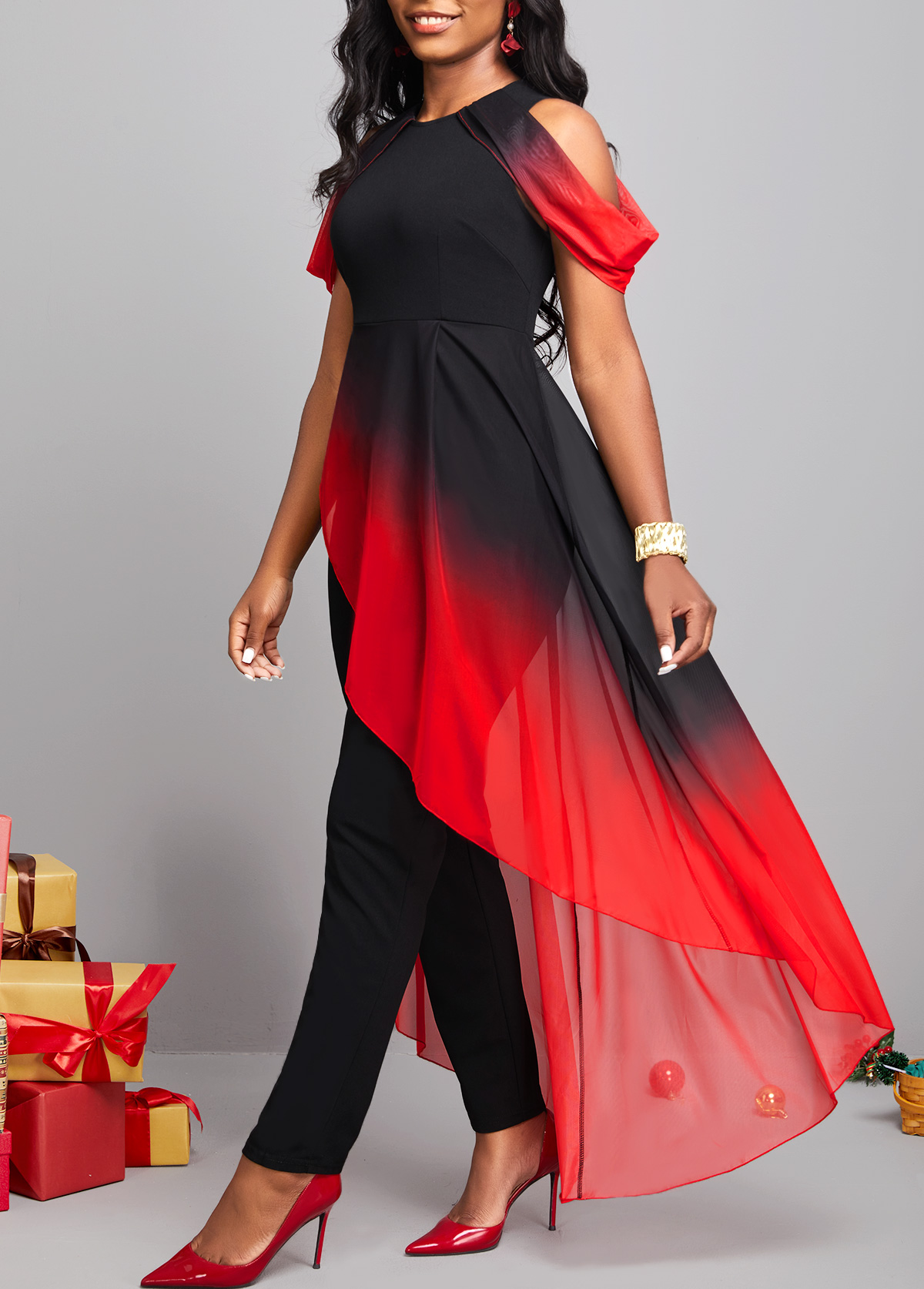 Red jumpsuits & rompers,Ombre jumpsuits & rompers,ROTITA Ombre Asymmetric Hem Red Mesh Stitching Jumpsuit