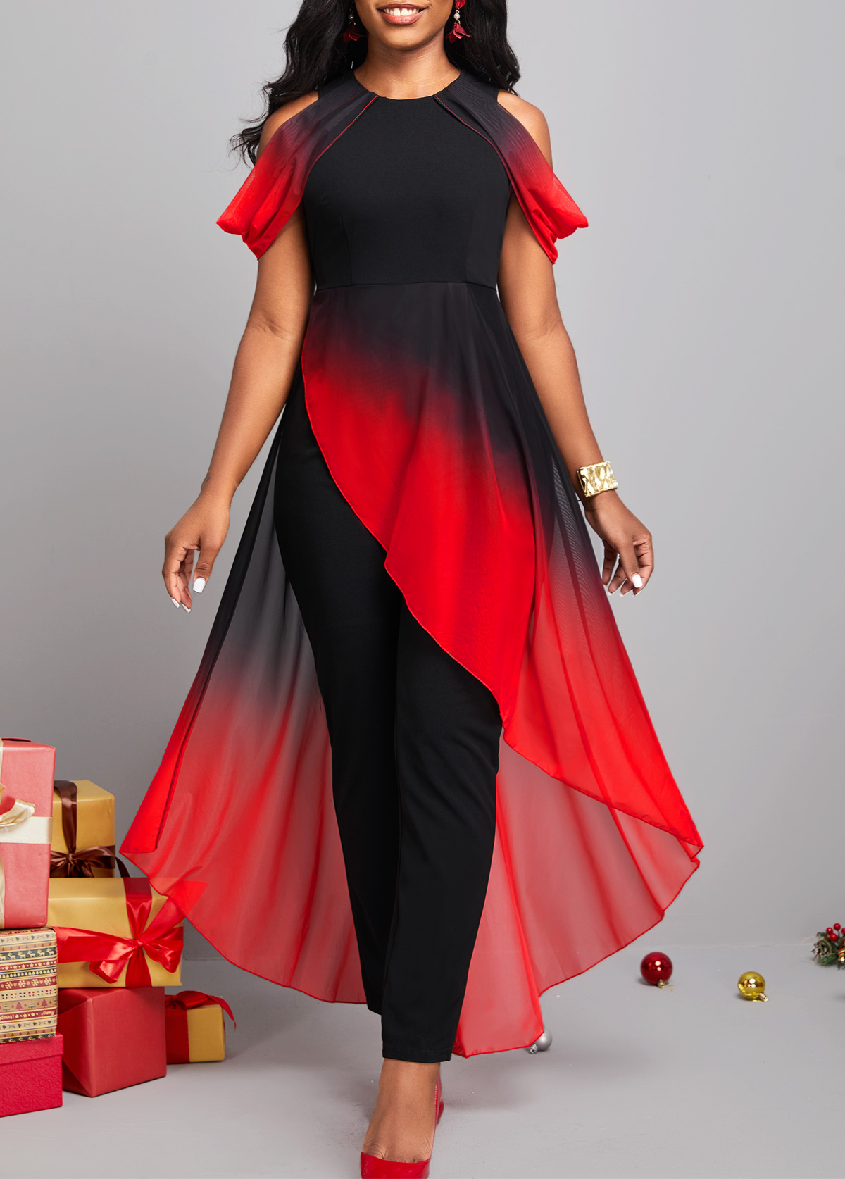 Red jumpsuits & rompers,Ombre jumpsuits & rompers,ROTITA Ombre Asymmetric Hem Red Mesh Stitching Jumpsuit