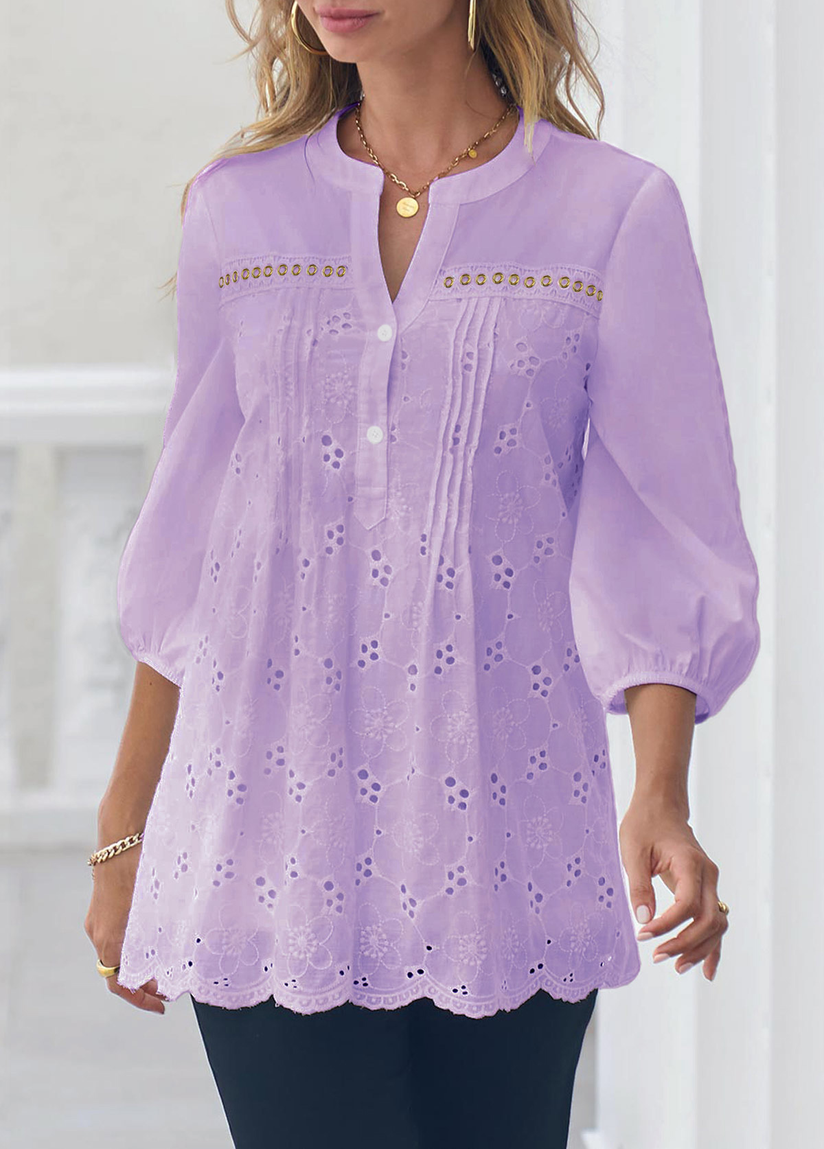 ROTITA Light Purple Hollow Embroidery Crinkle Chest Blouse