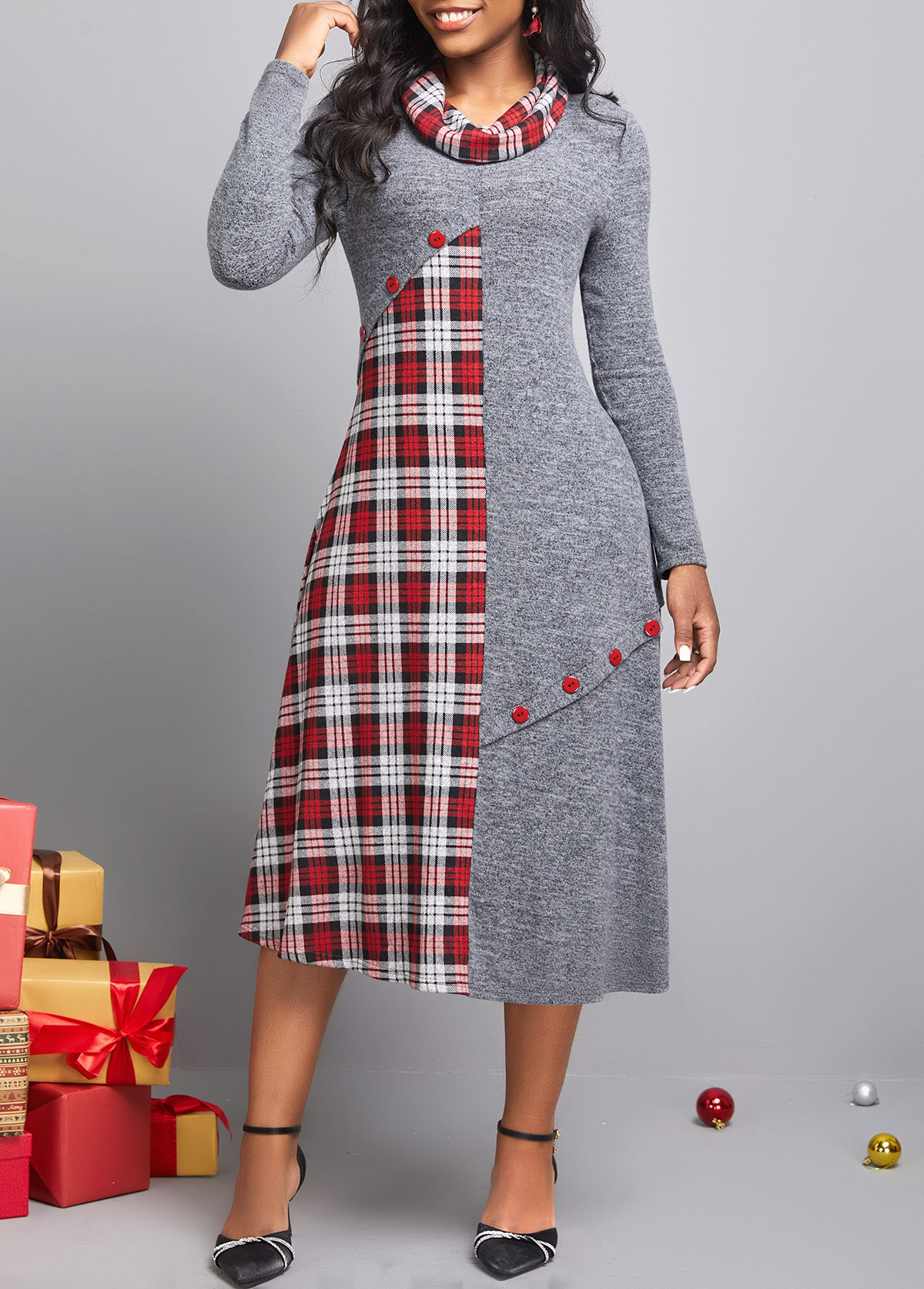 Dark Grey dresses,Plaid dresses,ROTITA Button Tartan Print Dark Grey Dress
