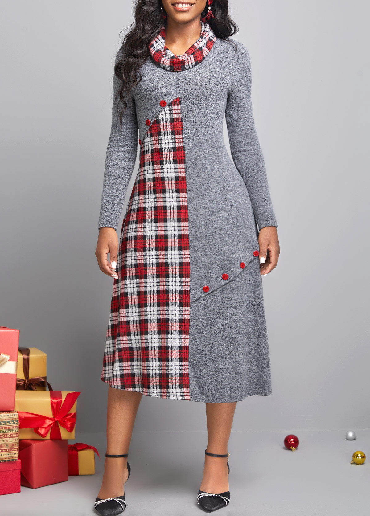 Dark Grey dresses,Plaid dresses,ROTITA Button Tartan Print Dark Grey Dress