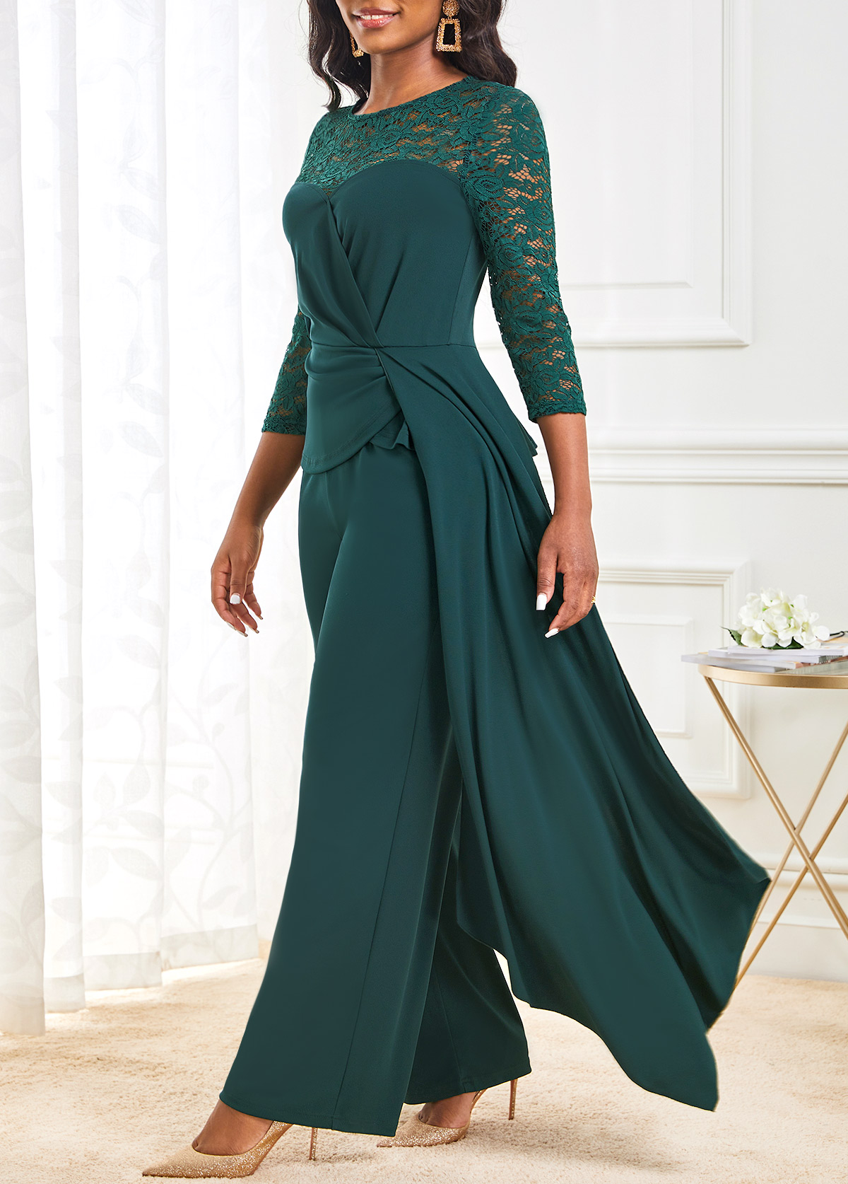 ROTITA 3/4 Sleeve Blackish Green Lace Stitching Jumpsuit