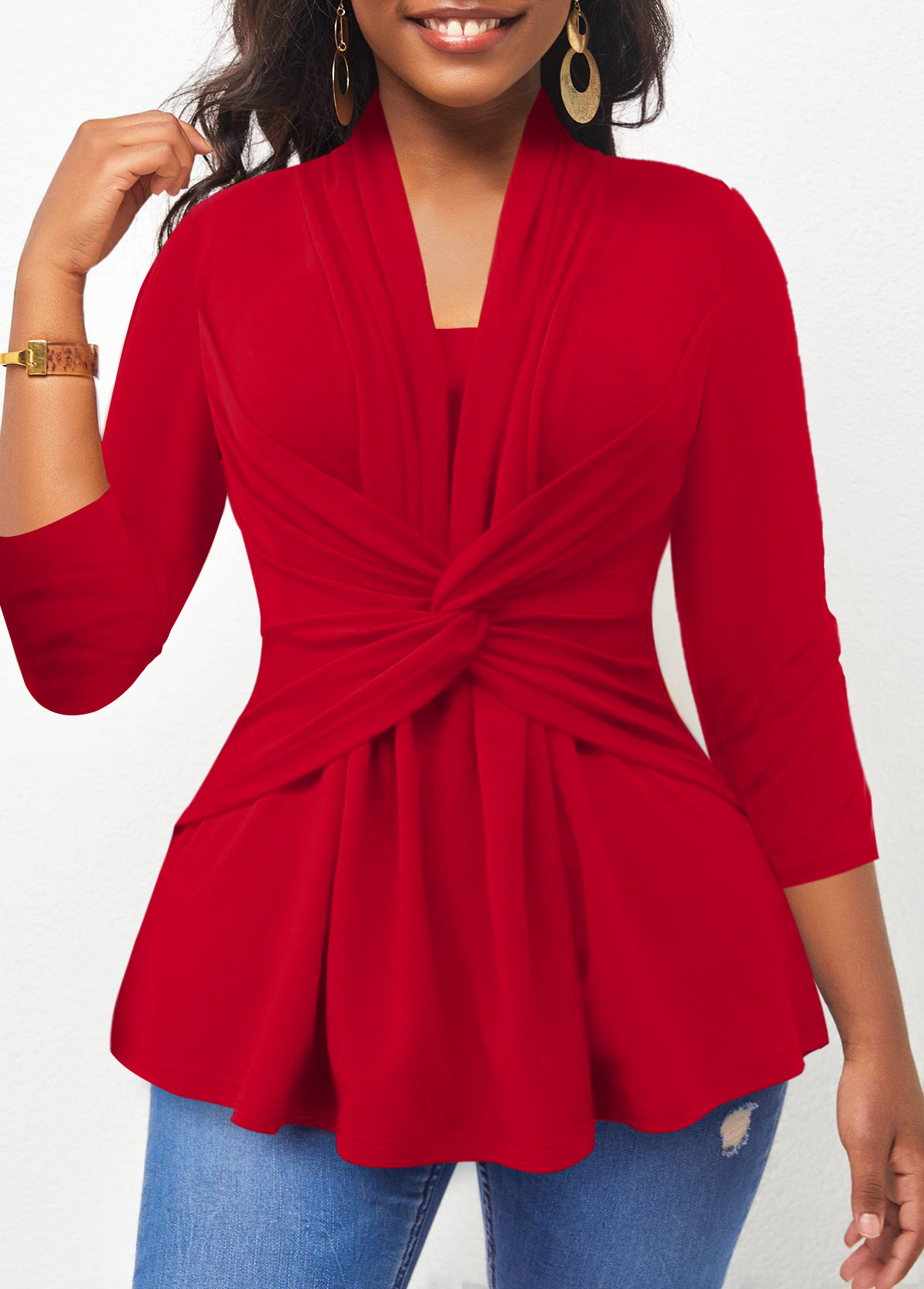 Red tops,Plain Color tops,ROTITA Red 3/4 Sleeve Twist Front T Shirt