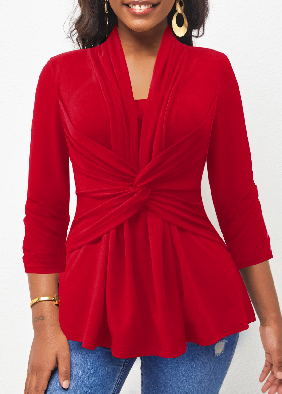Red tops,Plain Color tops,ROTITA Red 3/4 Sleeve Twist Front T Shirt