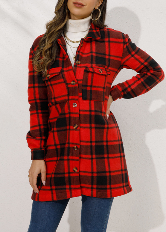 Button Plaid Red Turn Down Collar Coat