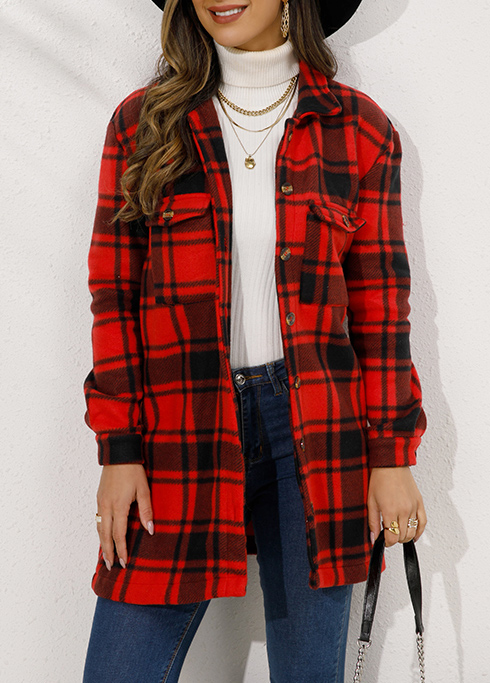 Red outerwear & coats,Plaid outerwear & coats,Button Plaid Red Turn Down Collar Coat