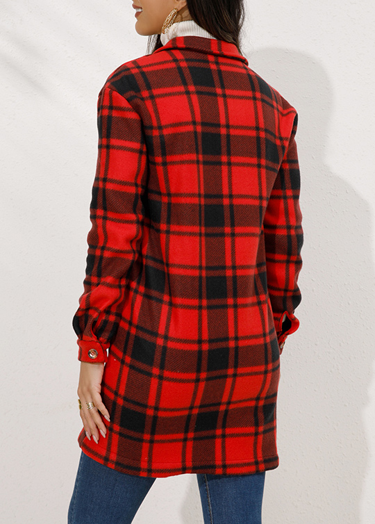Red outerwear & coats,Plaid outerwear & coats,Button Plaid Red Turn Down Collar Coat