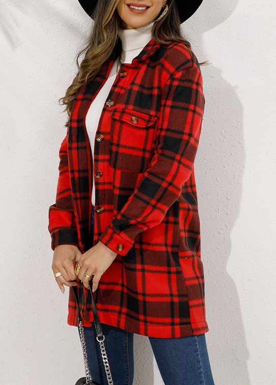 Red outerwear & coats,Plaid outerwear & coats,Button Plaid Red Turn Down Collar Coat