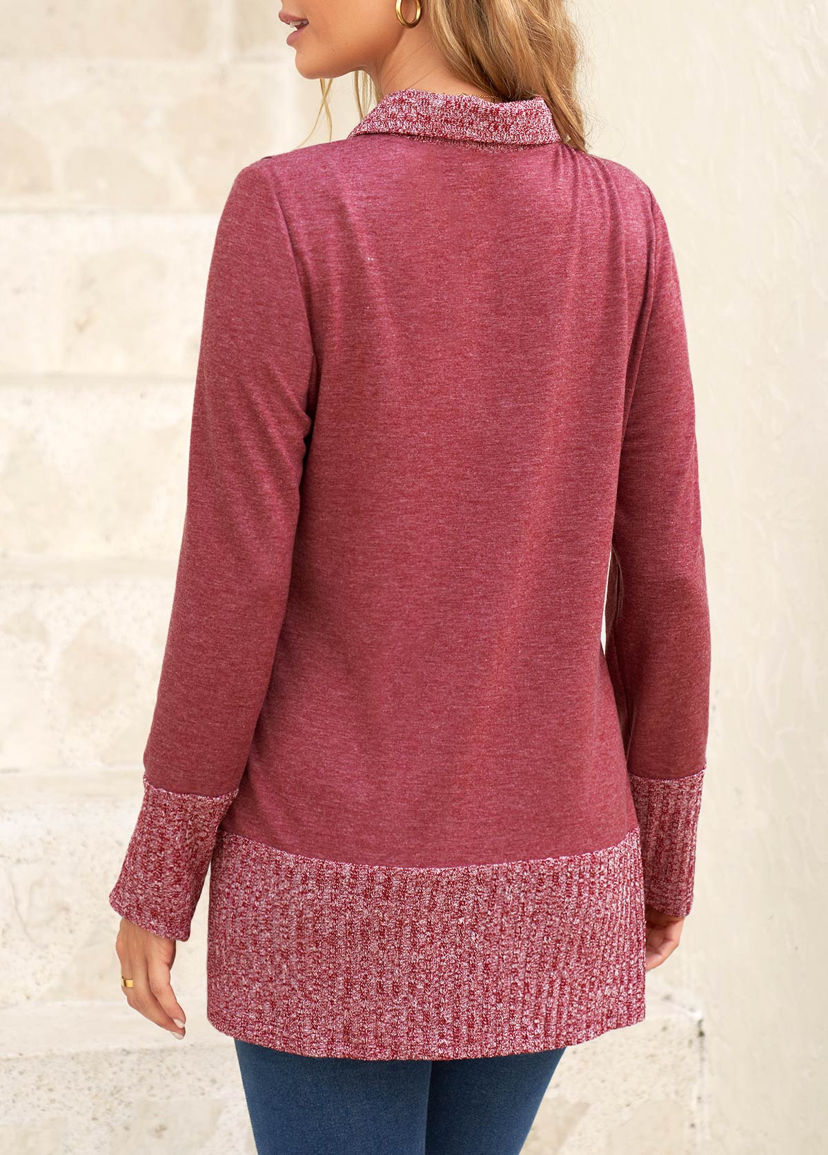 Dark Reddish Purple tops,Plain Color tops,ROTITA Button Dark Reddish Purple V Neck Sweatshirt