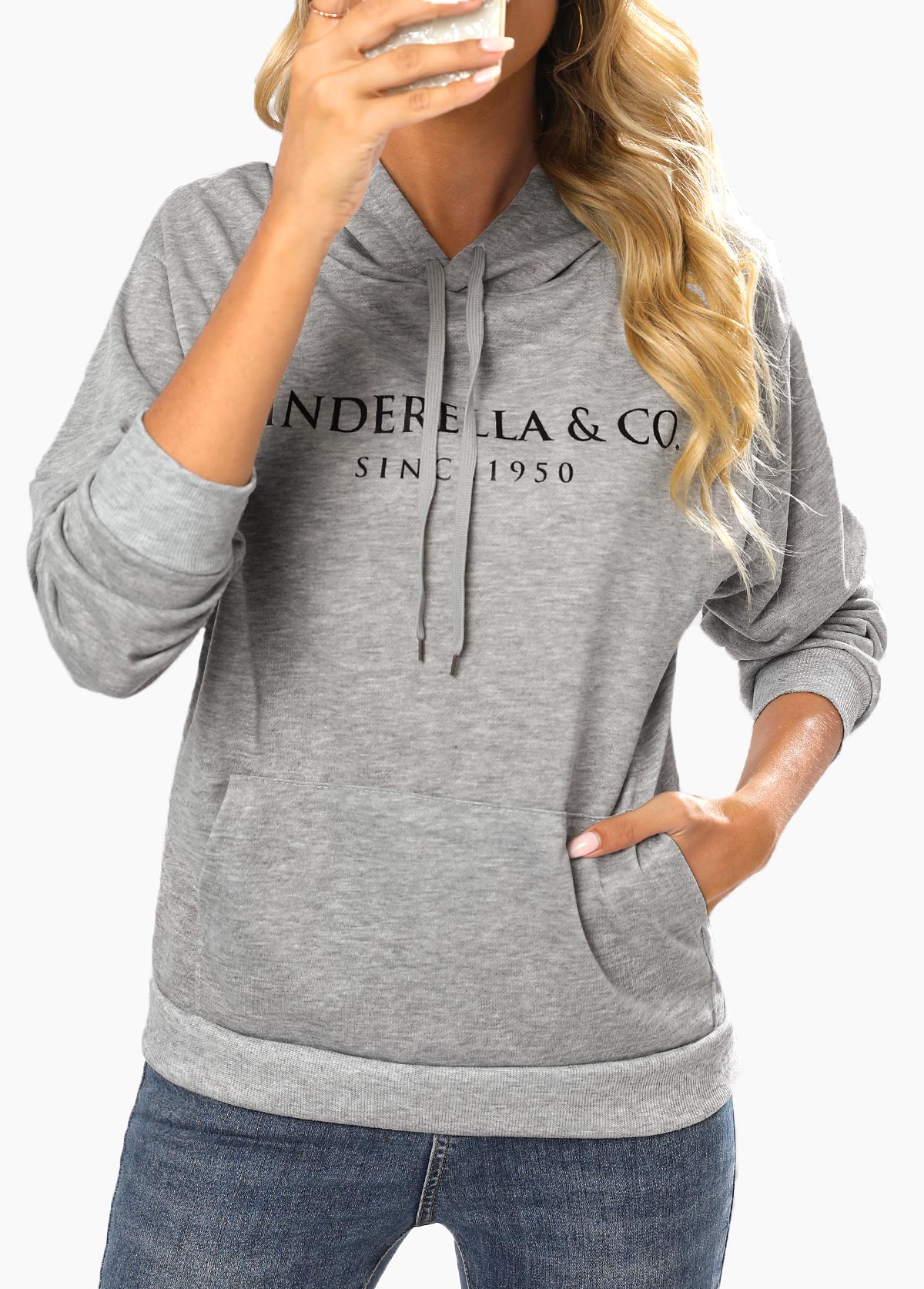 Light Grey Marl tops,Letter tops,Pocket Letter Print Light Grey Marl Hoodie