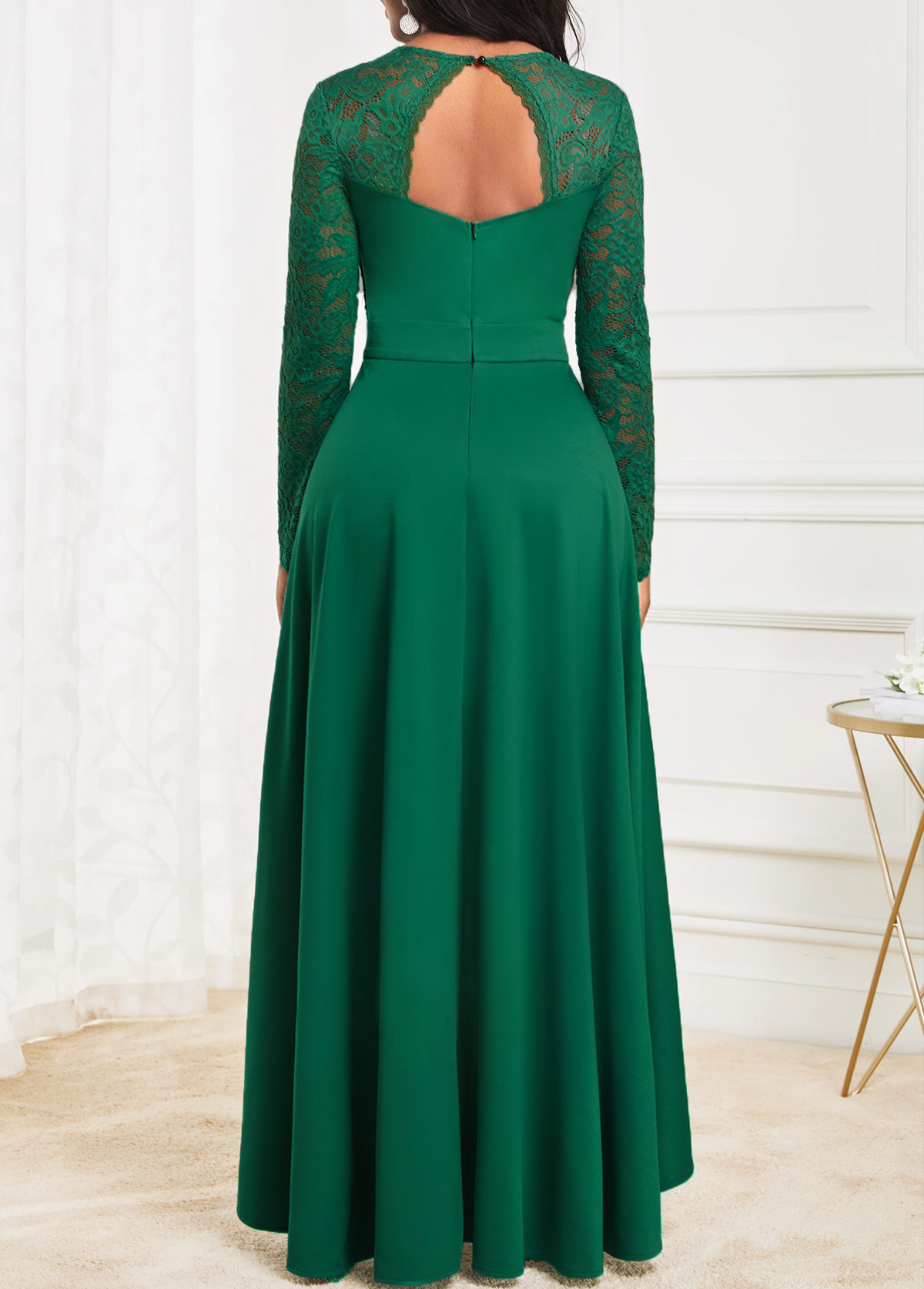 Green dresses,Plain Color dresses,ROTITA Lace Green High Low V Neck Dress