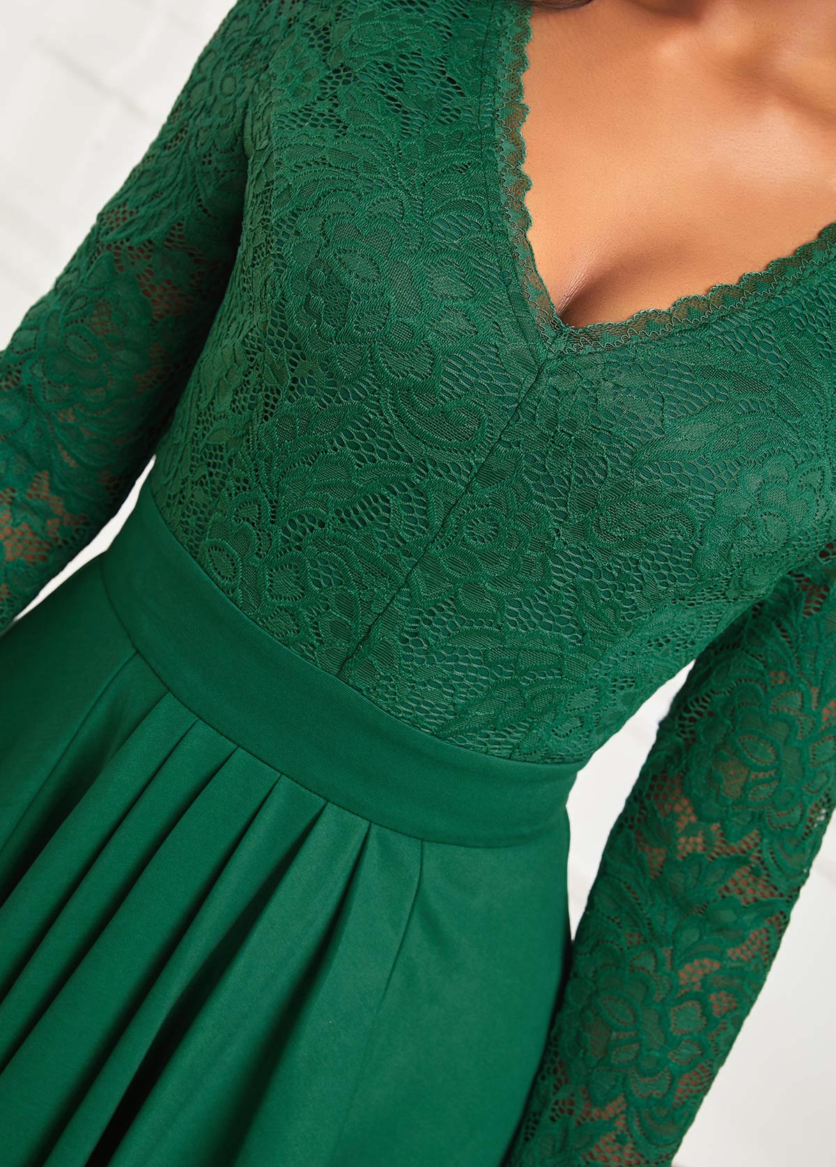Green dresses,Plain Color dresses,ROTITA Lace Green High Low V Neck Dress
