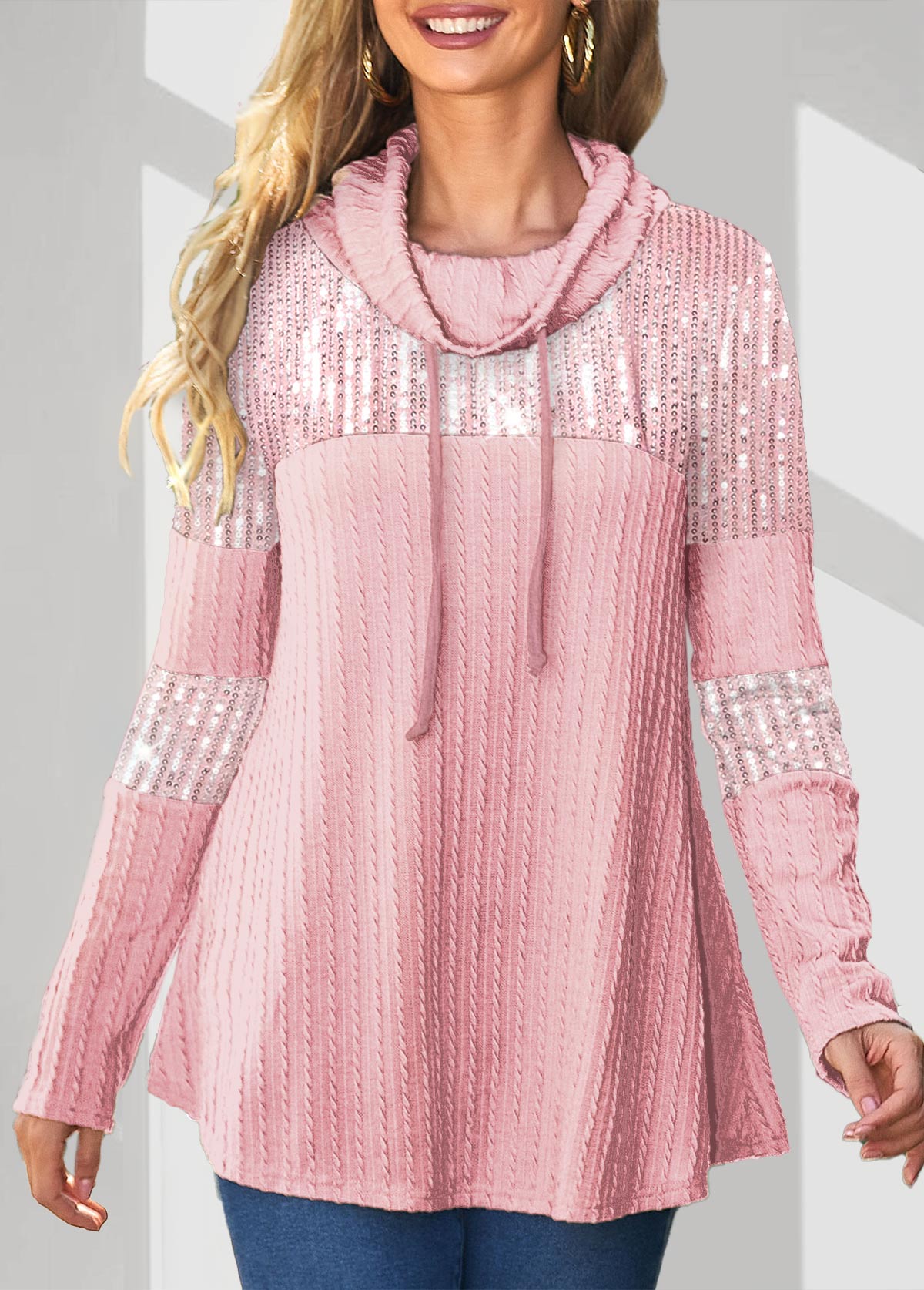 ROTITA Pink Sequin Cowl Neck Twisted Sweatshirt