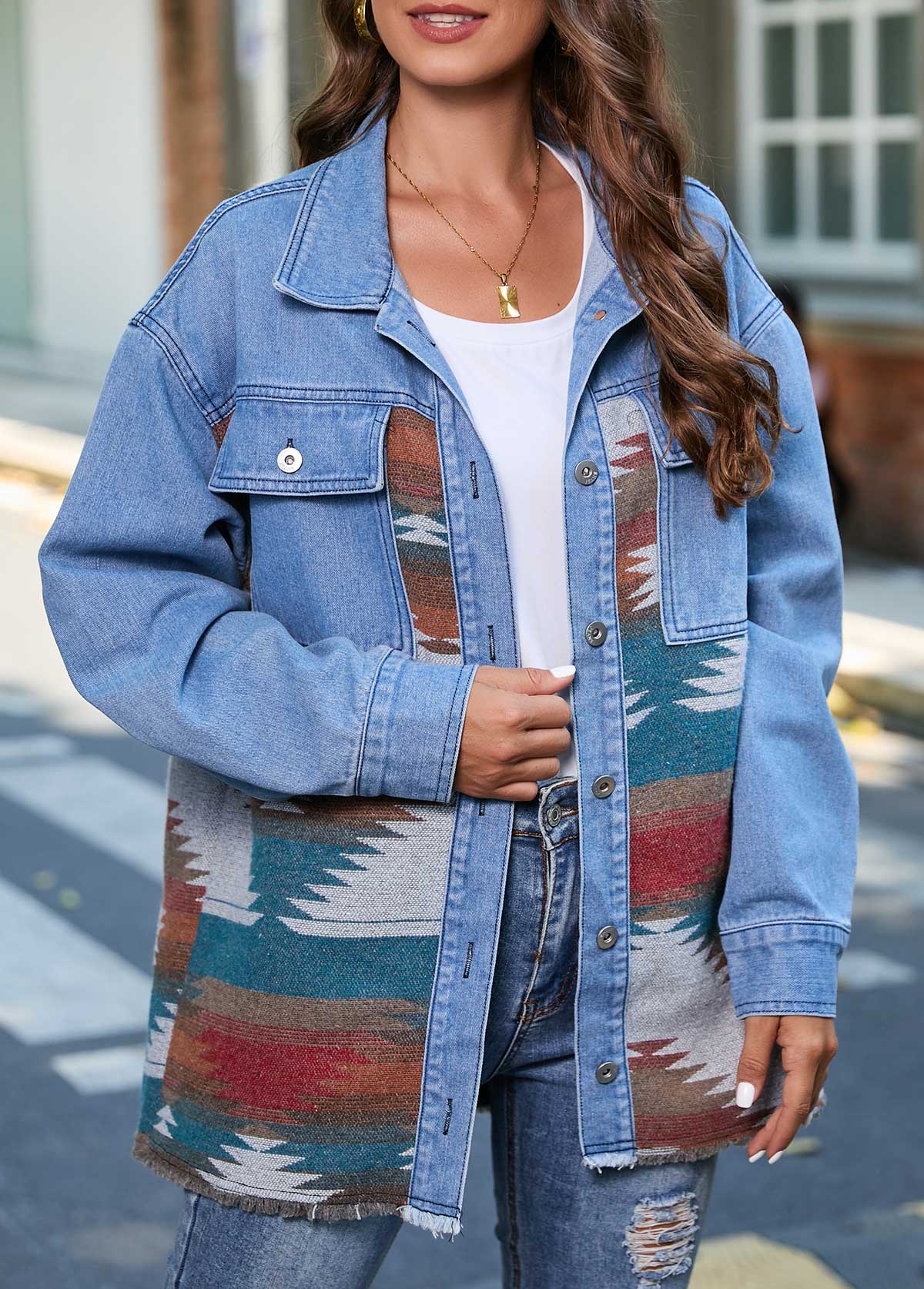 Denim Blue outerwear & coats,Tribal outerwear & coats,Geometric outerwear & coats,Grommet Tribal Print Denim Blue Shirt Collar Jacket