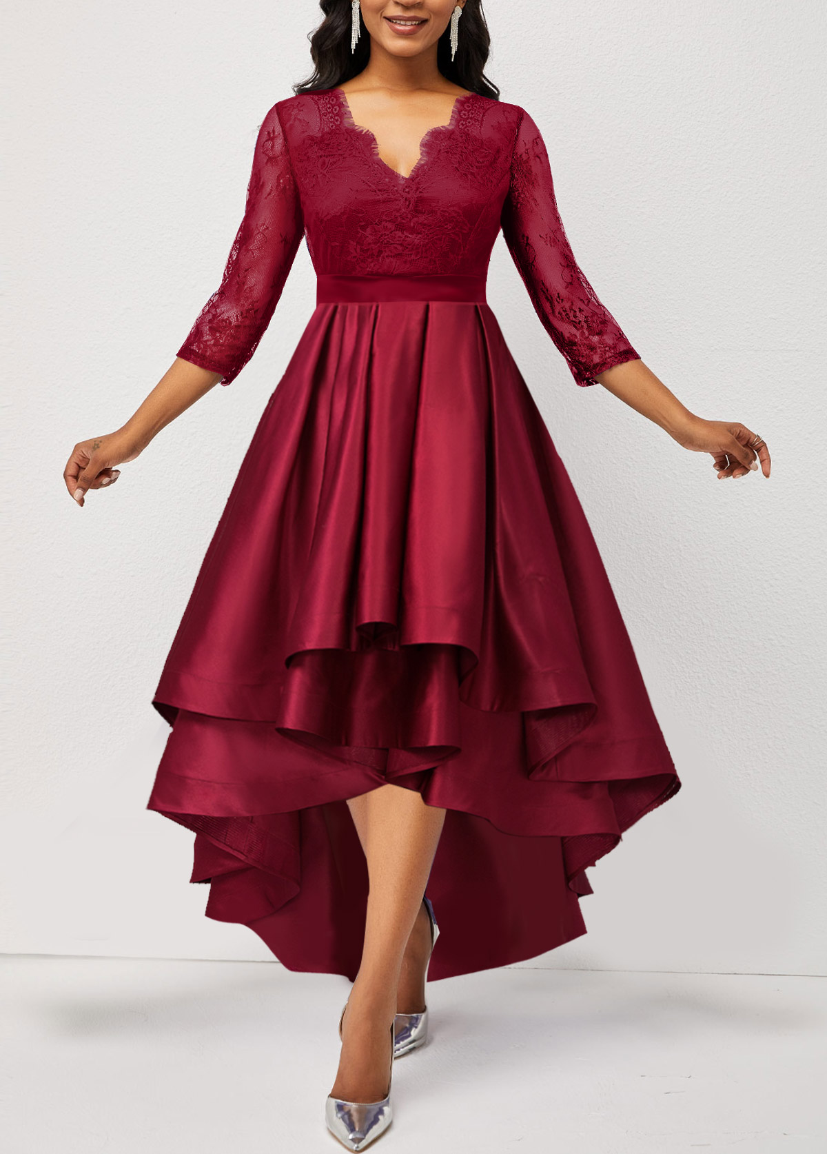 ROTITA Lace Stitching Wine Red Asymmetric Hem Dress