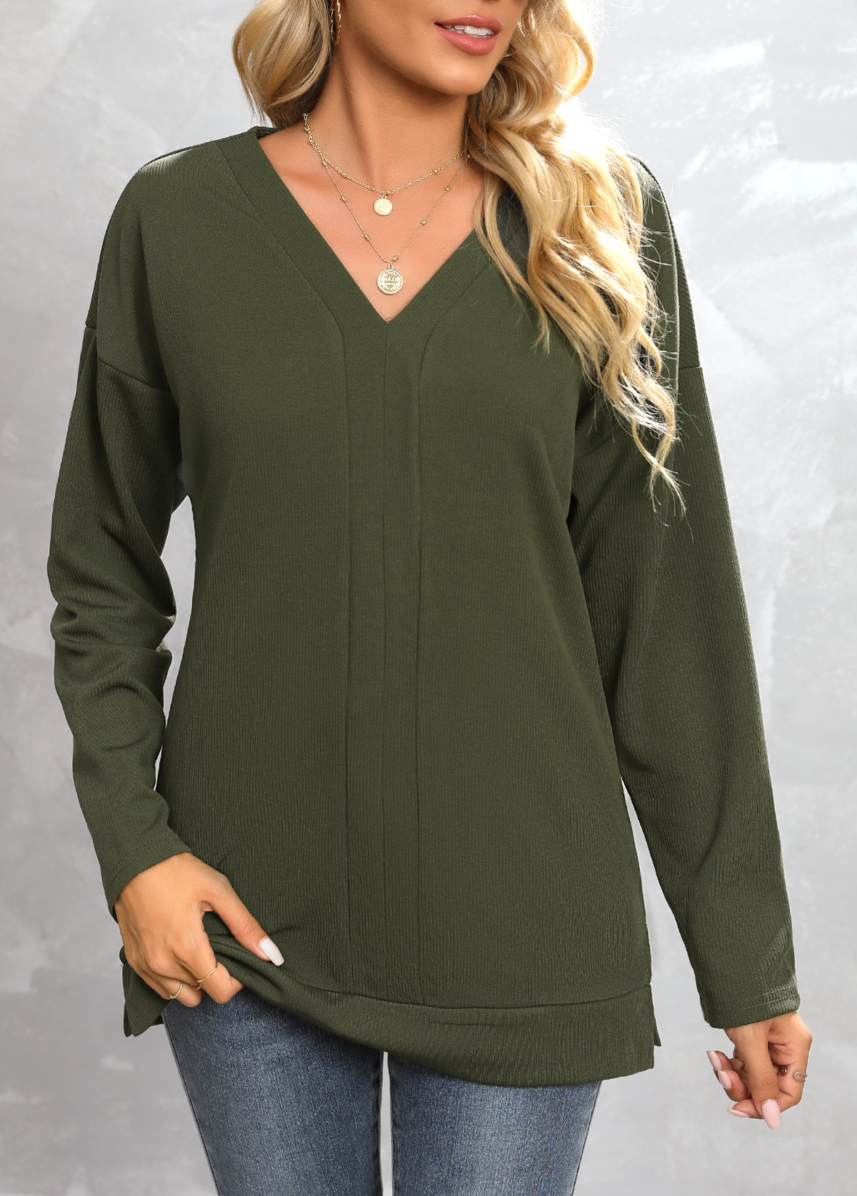 Green tops,Plain Color tops,Green V Neck Long Sleeve Sweatshirt
