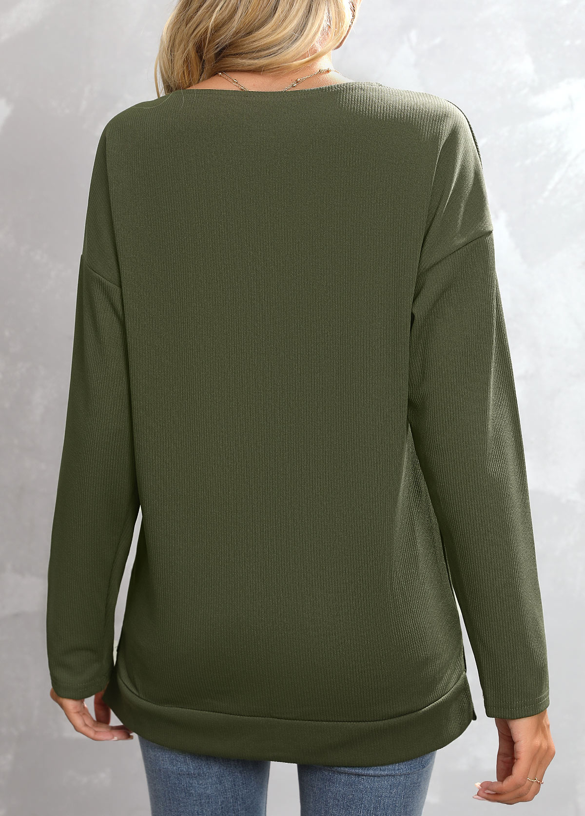 Green tops,Plain Color tops,Green V Neck Long Sleeve Sweatshirt