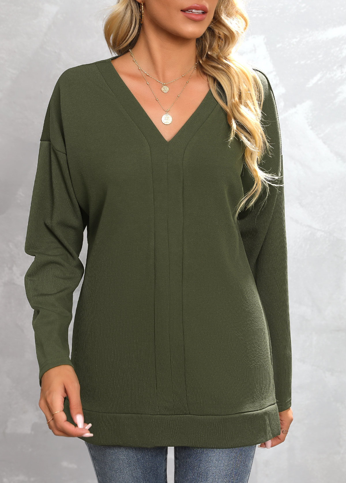Green tops,Plain Color tops,Green V Neck Long Sleeve Sweatshirt