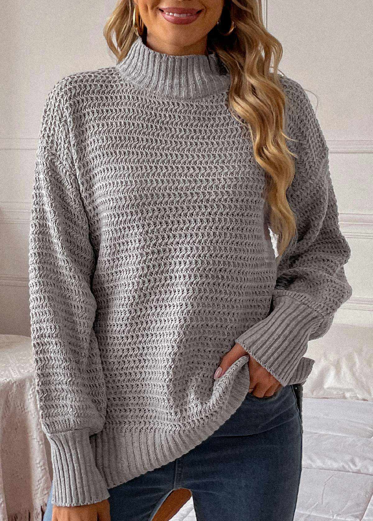 Grey tops,Plain Color tops,Grey Round Neck Long Sleeve Sweater