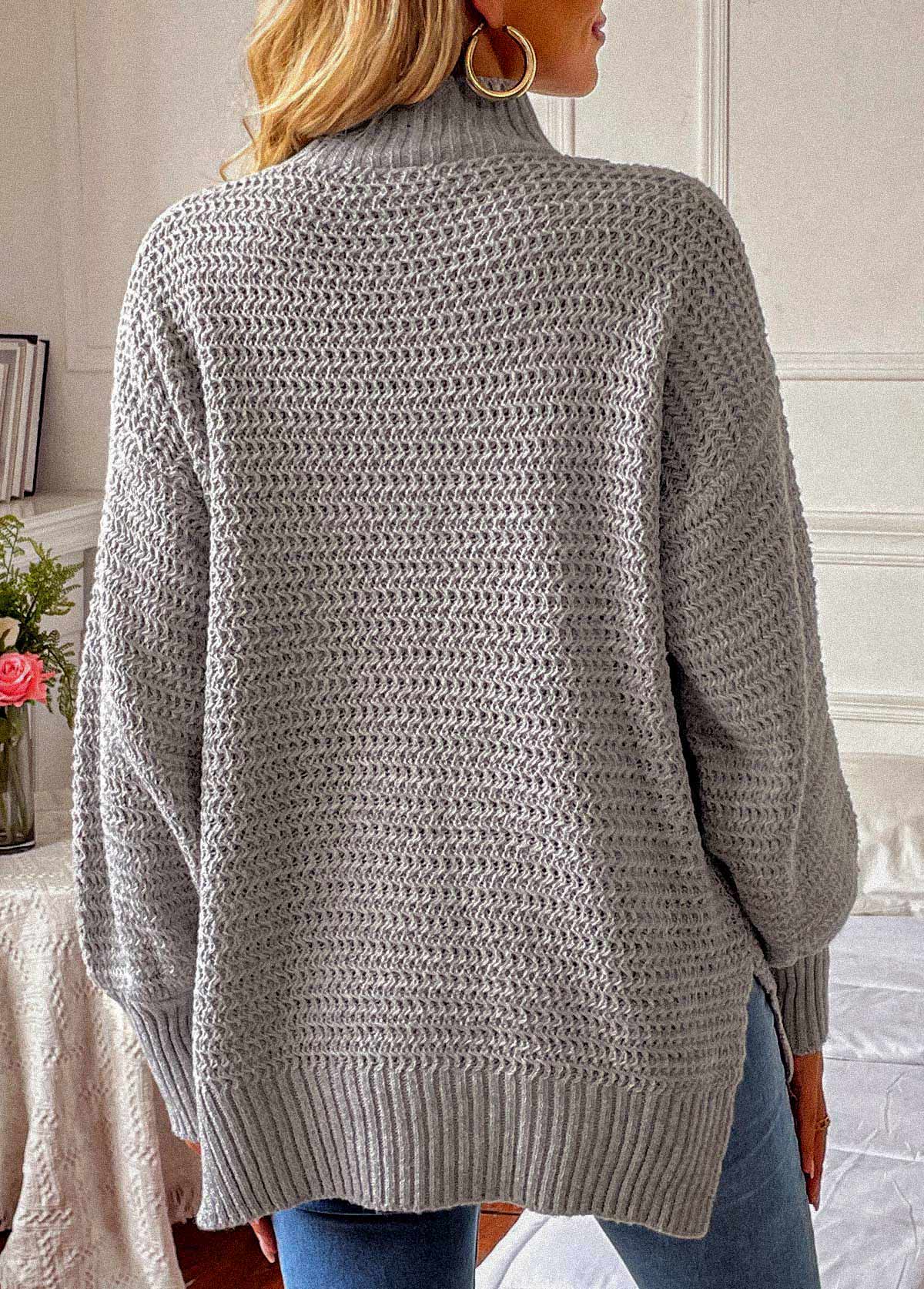 Grey tops,Plain Color tops,Grey Round Neck Long Sleeve Sweater