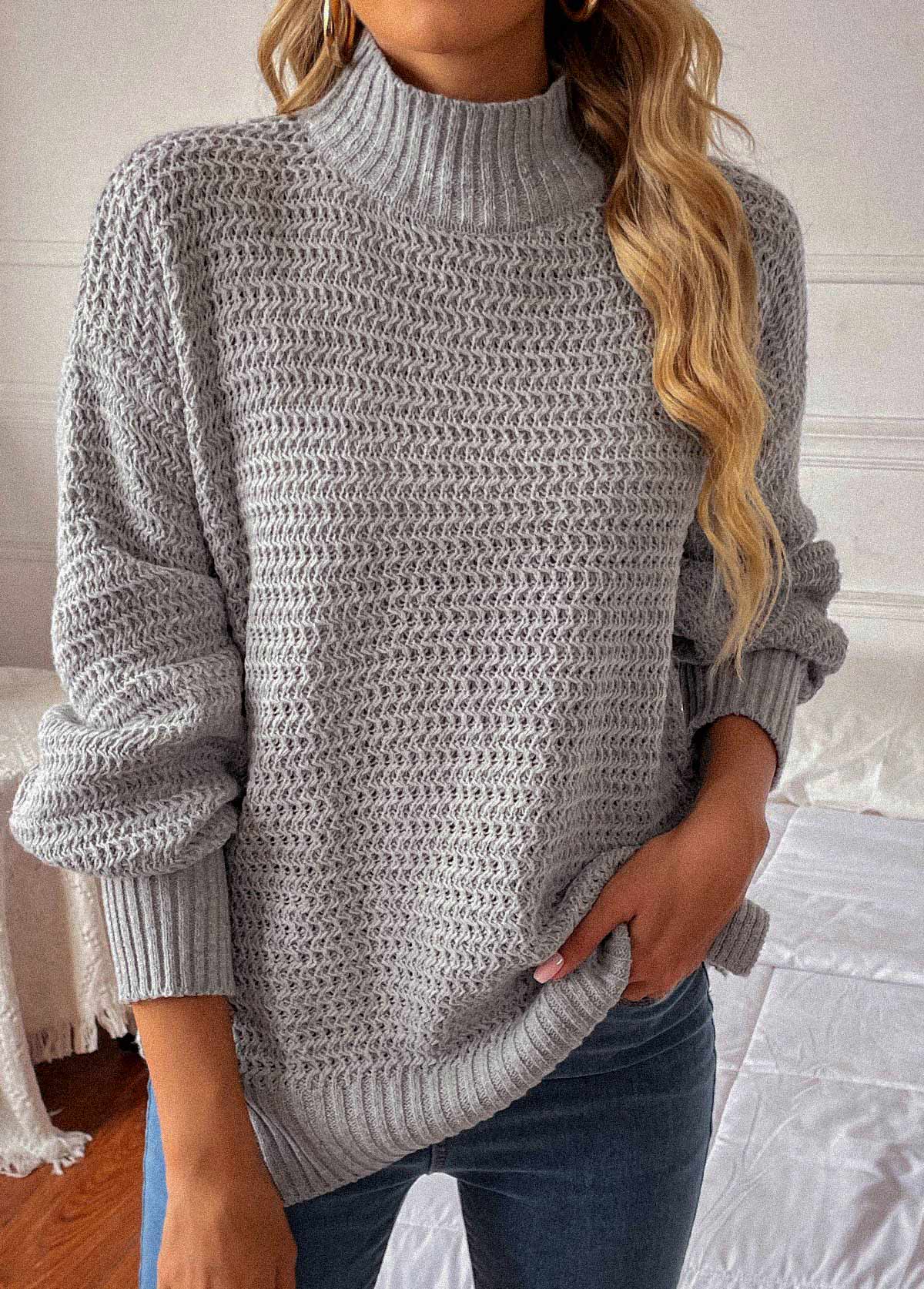 Grey tops,Plain Color tops,Grey Round Neck Long Sleeve Sweater