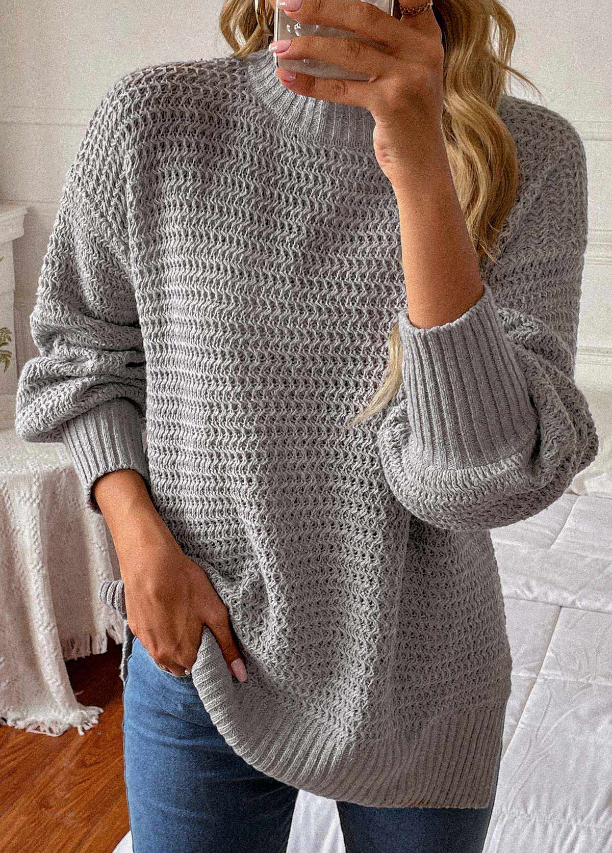 Grey tops,Plain Color tops,Grey Round Neck Long Sleeve Sweater