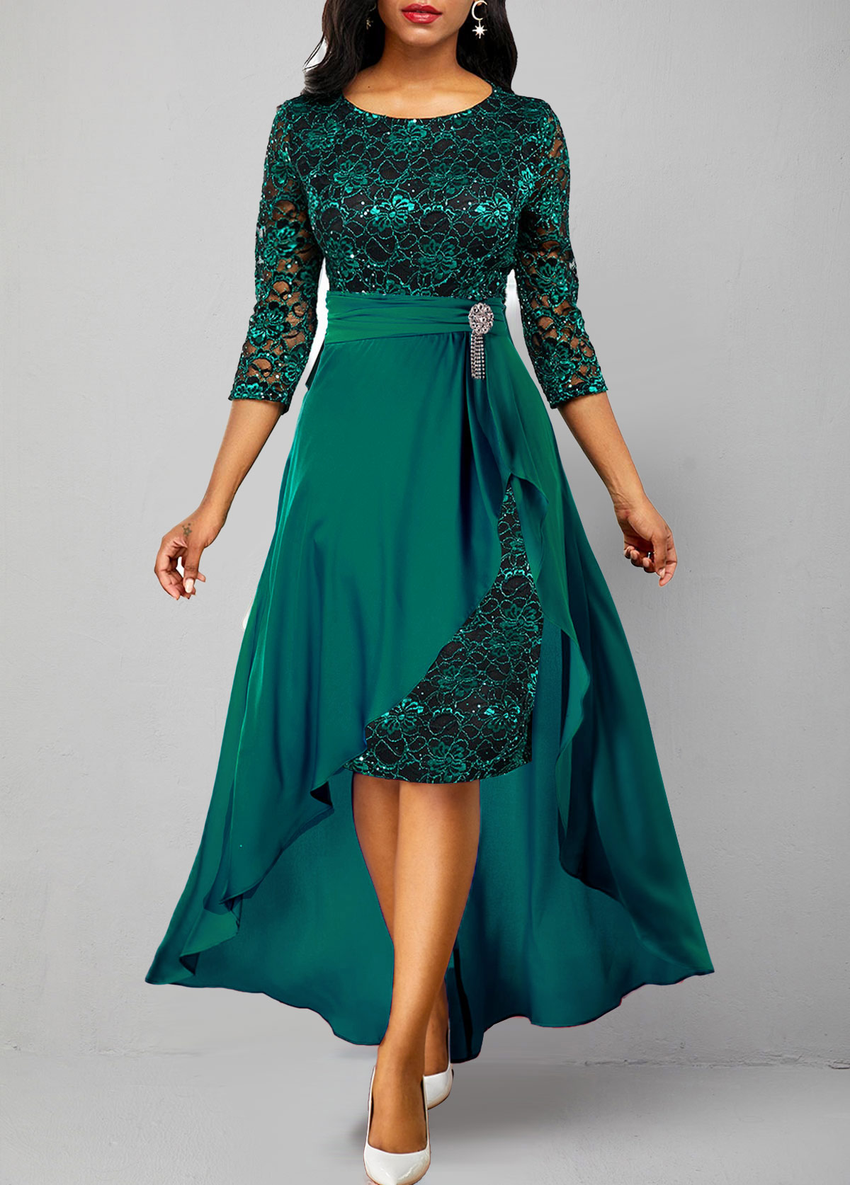 ROTITA Lace Patchwork Turquoise 3/4 Sleeve Dress