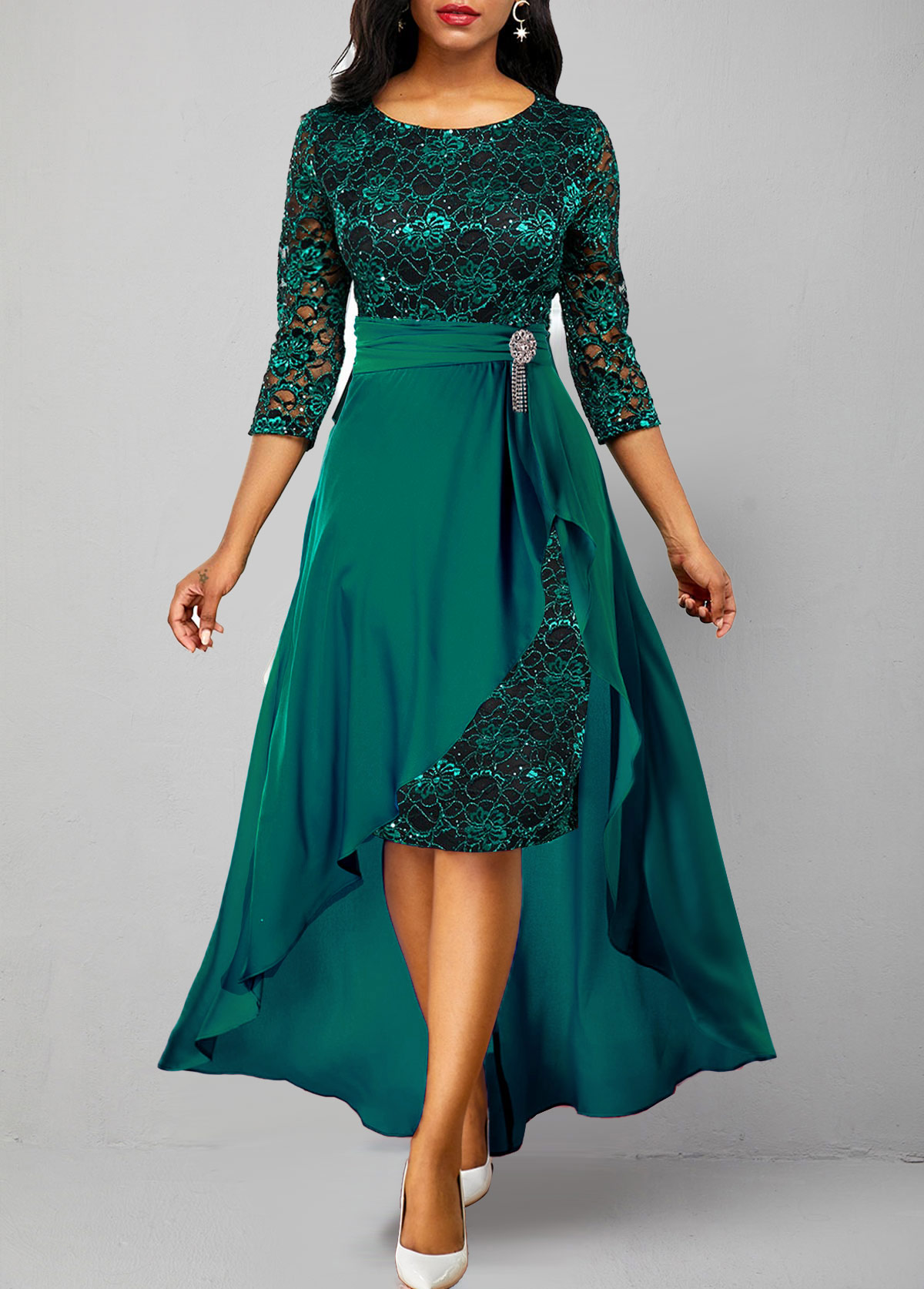 Turquoise dresses,Plain Color dresses,ROTITA Lace Patchwork Turquoise 3/4 Sleeve Dress