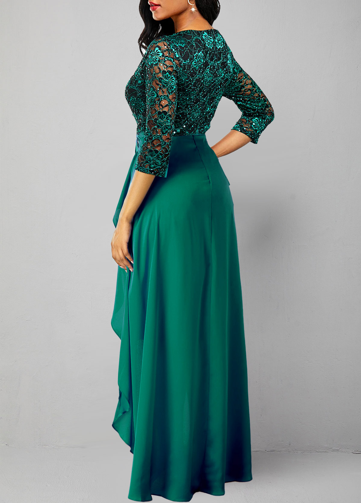 Turquoise dresses,Plain Color dresses,ROTITA Lace Patchwork Turquoise 3/4 Sleeve Dress