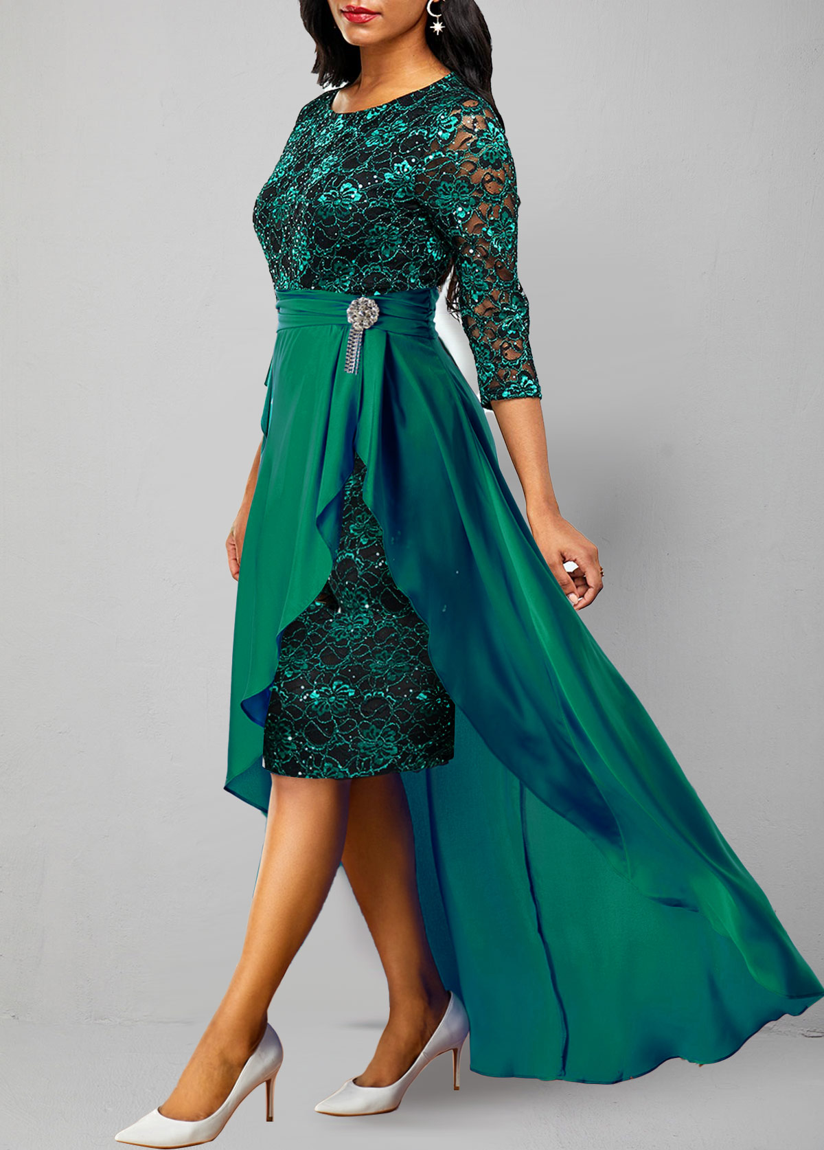 Turquoise dresses,Plain Color dresses,ROTITA Lace Patchwork Turquoise 3/4 Sleeve Dress