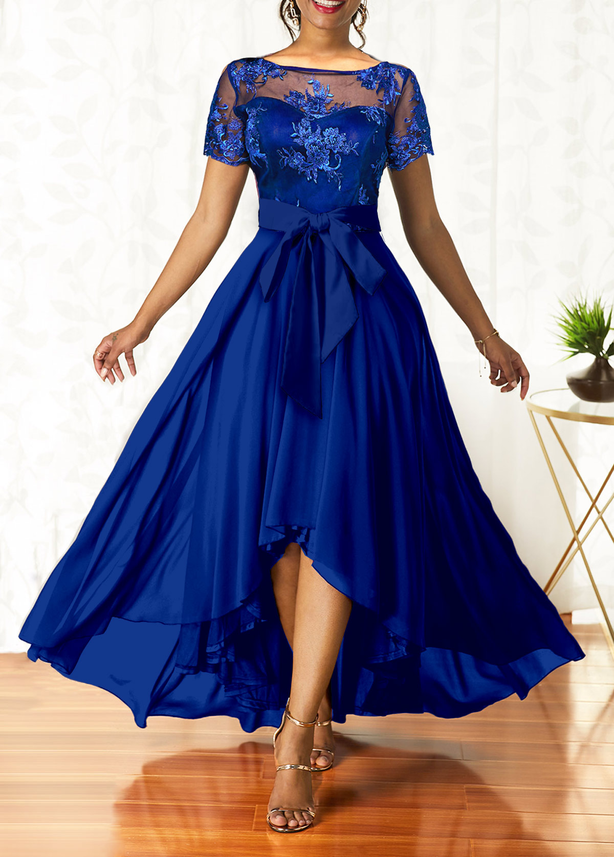 Royal Blue dresses,Plain Color dresses,ROTITA Sapphire Blue Lace Patchwork Belted Maxi Dress