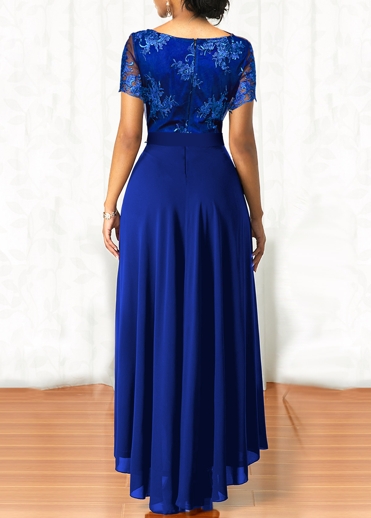 Royal Blue dresses,Plain Color dresses,ROTITA Sapphire Blue Lace Patchwork Belted Maxi Dress