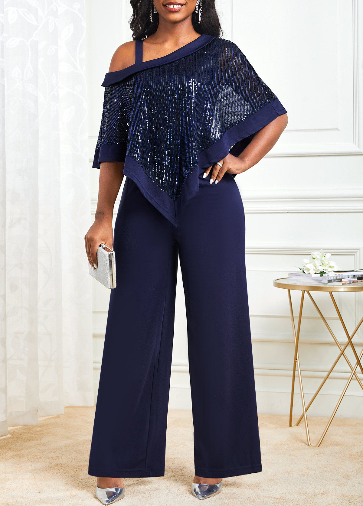 ROTITA Navy Cold Shoulder Sequin Asymmetric Hem Jumpsuit