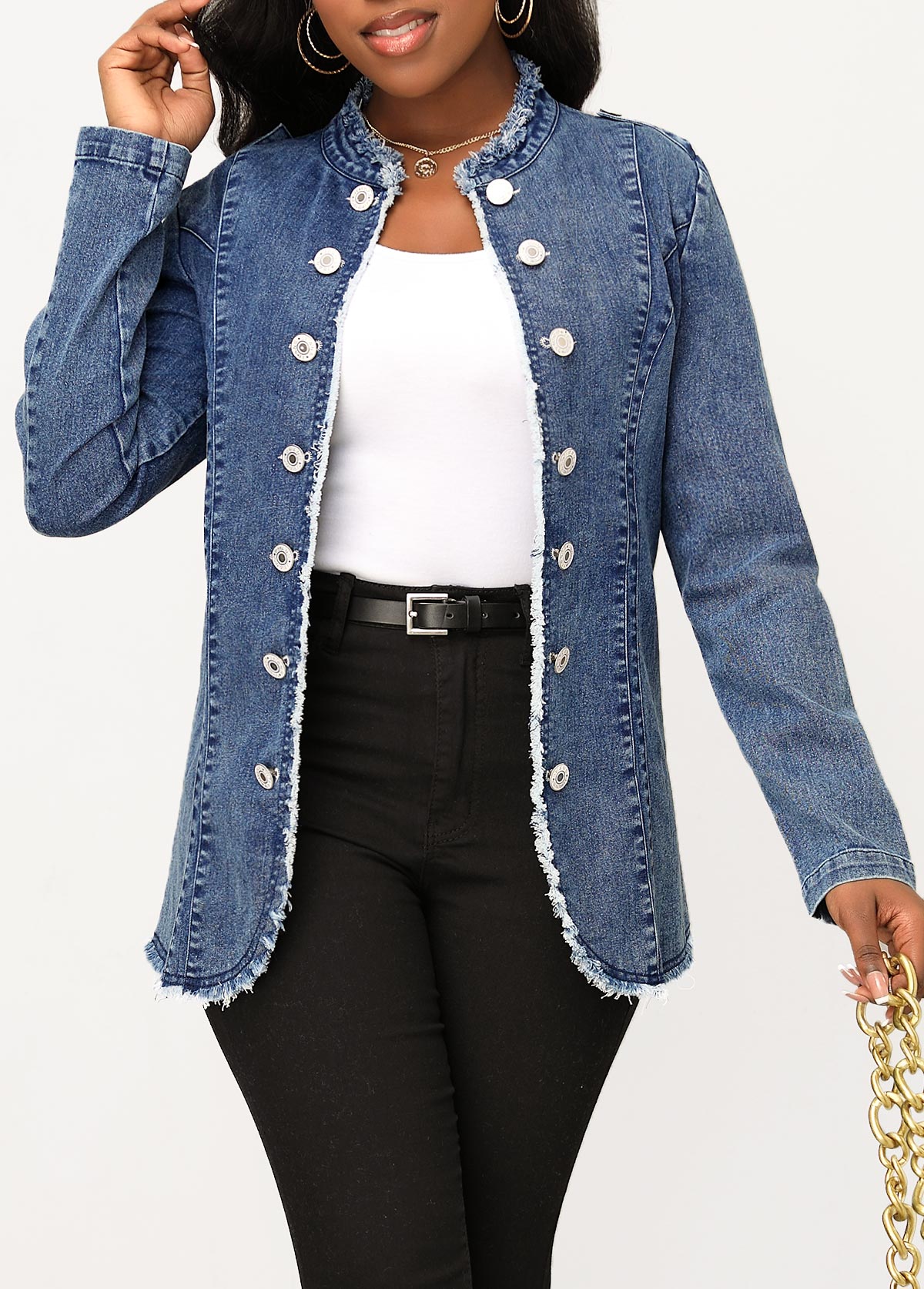 Denim Blue outerwear & coats,Plain Color outerwear & coats,ROTITA Button Denim Blue Stand Collar Long Sleeve Jacket