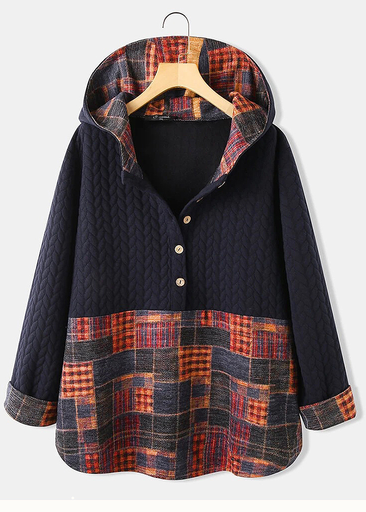 Navy tops,Plaid tops,Button Navy Plaid Long Sleeve Hoodie