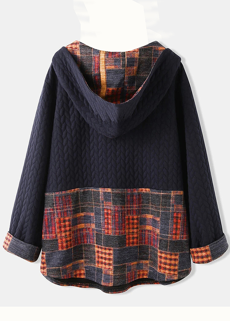 Navy tops,Plaid tops,Button Navy Plaid Long Sleeve Hoodie