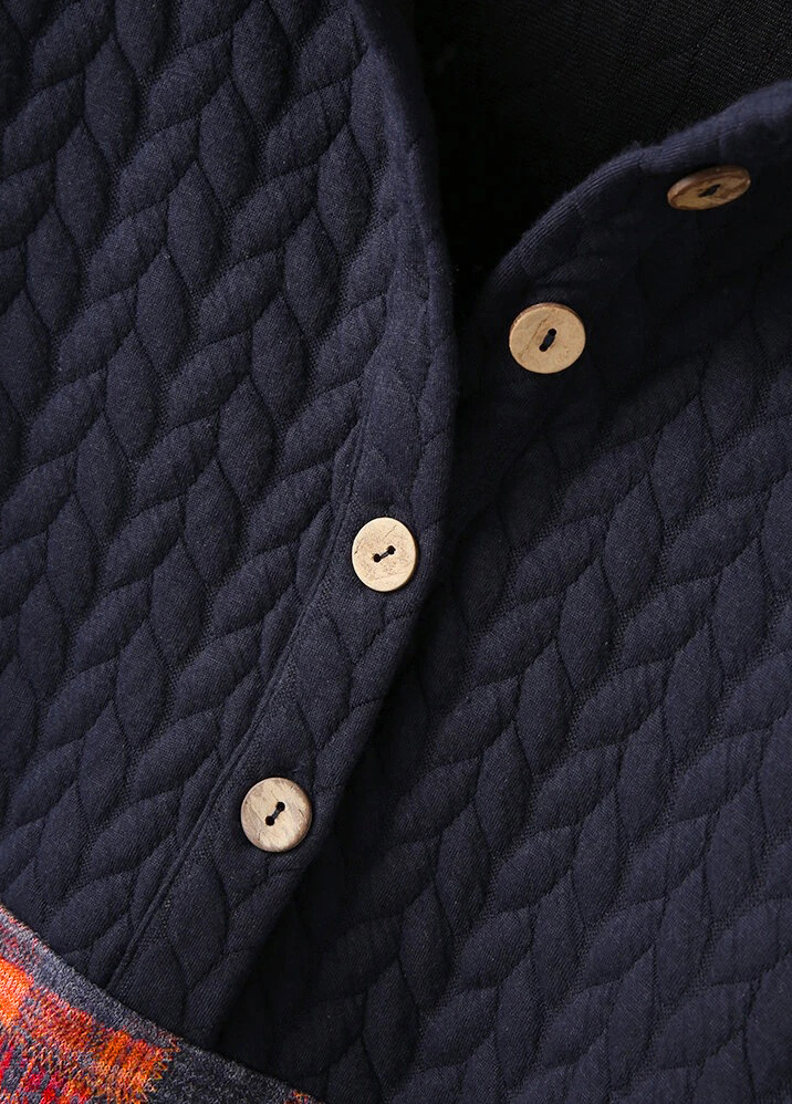 Navy tops,Plaid tops,Button Navy Plaid Long Sleeve Hoodie