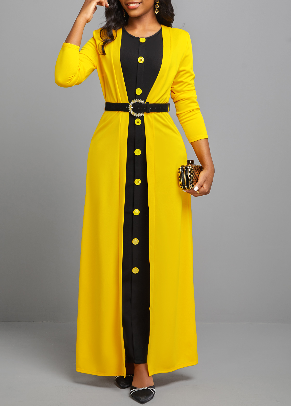 ROTITA Button Dress and Yellow Long Sleeve Cardigan