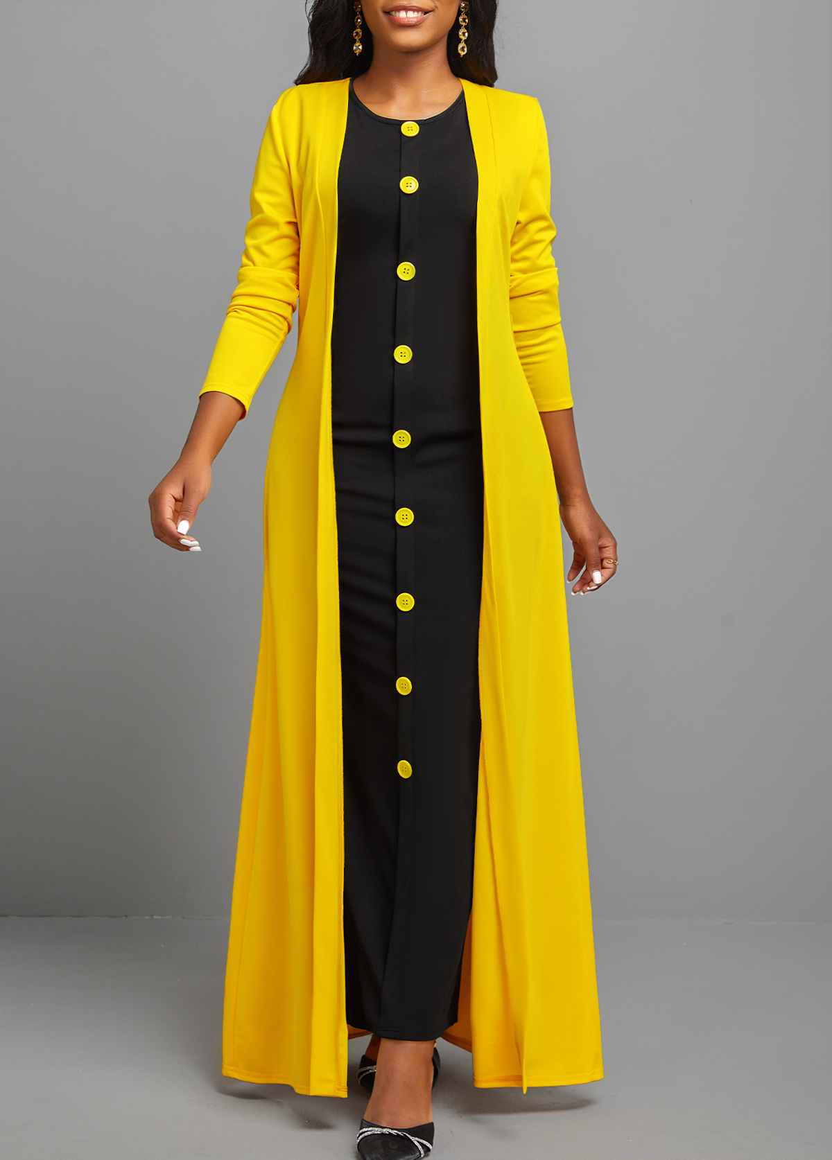 Yellow dresses,Contrast Color dresses,ROTITA Button Dress and Yellow Long Sleeve Cardigan