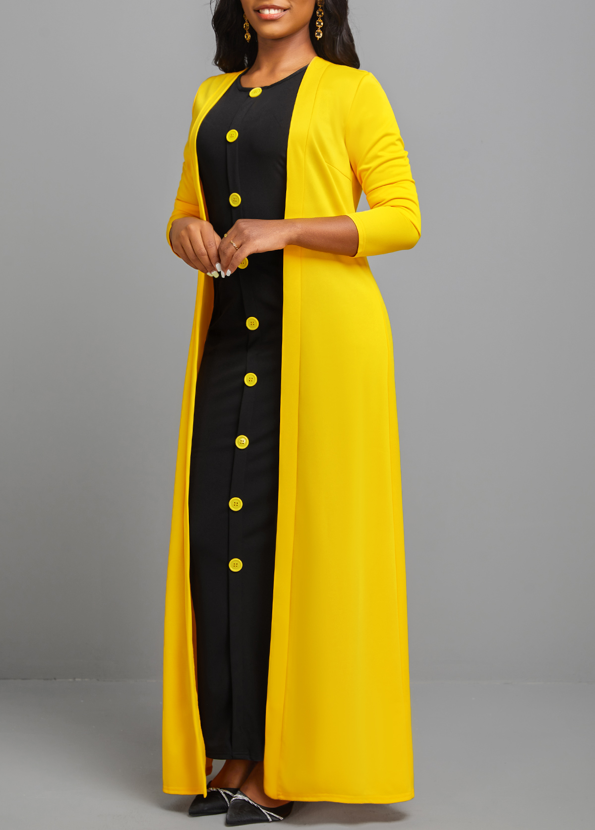 Yellow dresses,Contrast Color dresses,ROTITA Button Dress and Yellow Long Sleeve Cardigan